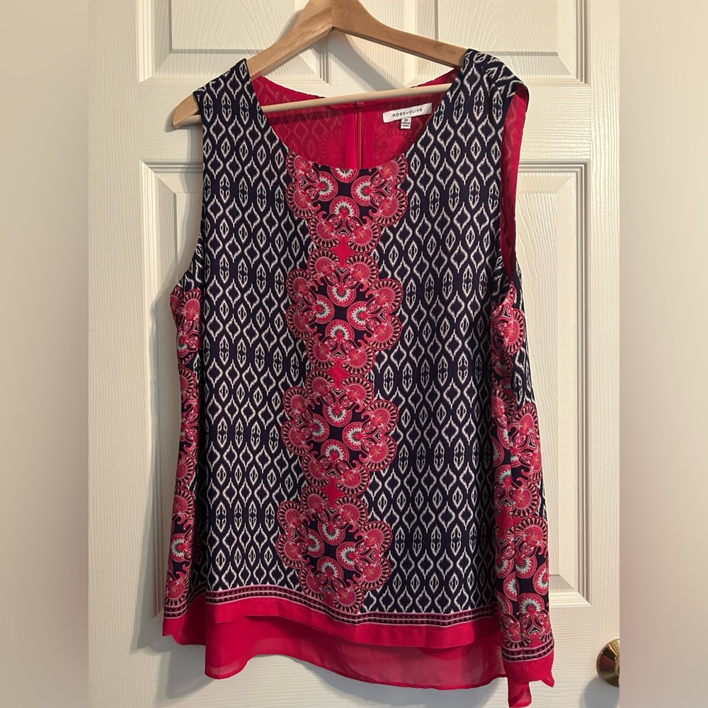 Rose & Olive Pink and Blue Patterned Sleeveless Blouse